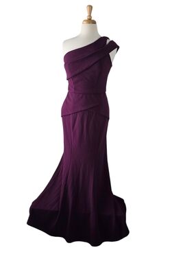 CACHET Purple Crepe One Shoulder Cut Out Peplum Formal Gown 8 Prom Weddings